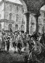 Rencontre sous les arcades de Turin, illustration pour La tempête, Satet, Turin