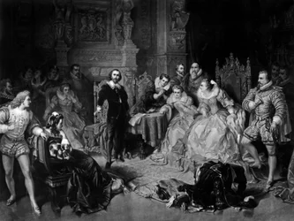 William Shakespeare (1564-1616) à la cour de la reine Élisabeth Ire, gravé par Pierre Cottin, vers 1864 (mezzotinte)