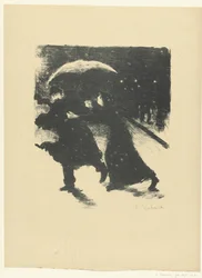 Homme et femme sous un parapluie dans la neige le soir (Nocturne)