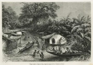 Villages inondés (illustration du voyage au Gabon et sur le fleuve Ogooué, 1875-1877, par Alfred Marche)