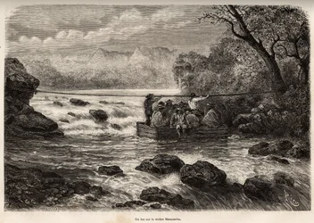 La traversée par le bac de la rivière Mesacancha (Bas Pérou), gravure de E.Riou illustrant le voyage dans les montagnes, la vallée de Huarancalqui et les régions de Pjonal, 1862-1863, par Paul Marcoy, publié dans "Le tour du monde" 1875