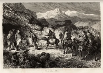 P.Marcoy retrouve un ami, devenu colonel de génie et posté dans une grotte près du lac de Cailloma, ensemble ils reçoivent la visite des notables de la ville, gravé d