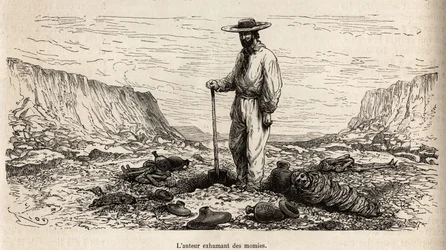 Paul Marcoy exhumant des momies incas (Bas Pérou), gravure de E.Riou illustrant le voyage dans les montagnes, la vallée de Huarancalqui et les régions de Pjonal, 1862-1863, par Paul Marcoy, publié dans "Le tour du monde" 1875