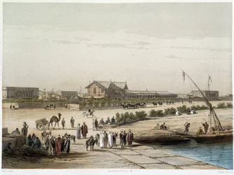 Scène et vue du canal dans "Inauguration du canal de Suez" par G. Nicole. 1869