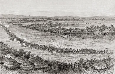 Sir Henry Morton Stanley et ses hommes menacés par des indigènes Sukuma, 1890 (gravure sur bois)