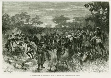 Le camp envahi par les Indiens. Gravure pour illustrer l