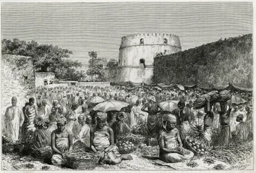 Le marché aux fruits de Zanzibar (Tanzanie). Gravure de Riou, pour illustrer le récit « Voyage au Benadir, les Omalis et le Bayoun », en 1882-1883, par M.G.Revoil. Publié dans Le Tour du monde, nouveau journal des voyages