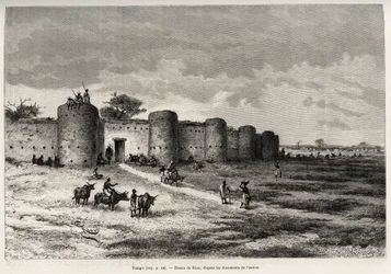 La ville de Tiong-Gi (Tiong Gi, Mali), avec ses fortifications et ses tours en argile. Gravure pour illustrer l