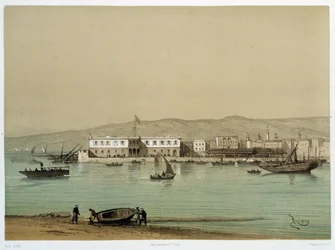 Vue du canal dans "Inauguration du canal de Suez" par G. Nicole. 1869