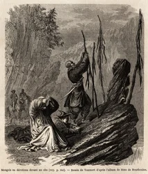 Les Mongols en dévotion à un obo, près des montagnes Bakka et Mongolie, dessin de Vaumort (? -1886) pour illustrer le voyage de Shanghai à Moscou, de 1859 à 1862, de M. de Bourboulon, ministre français en Chine. Gravure dans « Le tour du monde », édité par