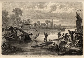 Les diverses méthodes de pêche des rivières dans la province de Pet Tche Li (pêche au feu, pêche au trident, pêche au poisson, pêche aux échecs et pêche au bord) sont décrites. Dessin de Vaumort, pour illustrer le voyage de Shanghai à Moscou, de 185