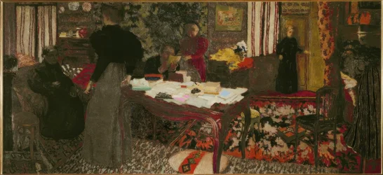 Grand intérieur avec six personnages
