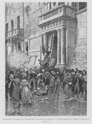 I Bolognesi Atterrano Le Insegne Del Palazzo Di Governo E Vi Sostituiscono Il Vessillo Tricolore (gravure)