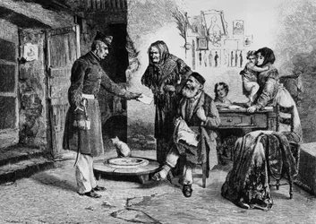 Richesse mobilière, fonctionnaire délivrant une ordonnance du tribunal à un tailleur vivant dans la misère, Italie, gravure d