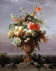 Elegant vase de fleurs sur un rebord. Peinture de Eduard Muller (1823-1876) Collection privee.