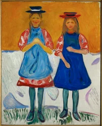 Deux filles avec des tabliers bleus