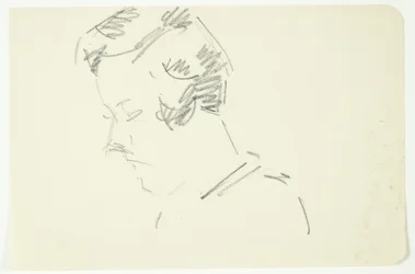 Étude de portrait de la peintre Ellen Olrik, tête inclinée, profil 7/8 vers la gauche
