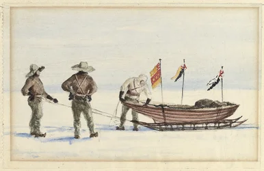 La fête en traîneau à White Island, février 1902 : Shackleton, Wilson et Ferrar se préparant à partir, 1902