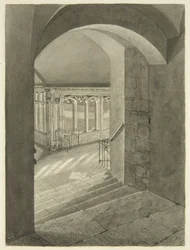 Entrée des cloîtres de la cathédrale de Bristol avec la tombe d