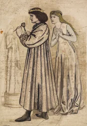 Scène du roi René sculptant une figure sous le regard de sa nouvelle épouse