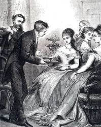 Gravure représentant un gentleman offrant un plat de gelée à une dame lors d