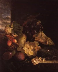 Nature morte avec un panier de fruits et un nid d
