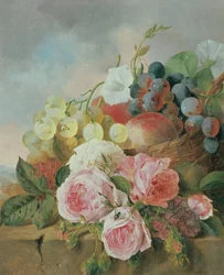 Nature morte de fruits et roses sur un rebord