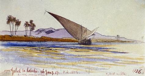 Les rives du Nil (Égypte), avec des palmiers et des gyassi face à la rive, près de Gebel el Silsileh. Dessin aquarelle coloré