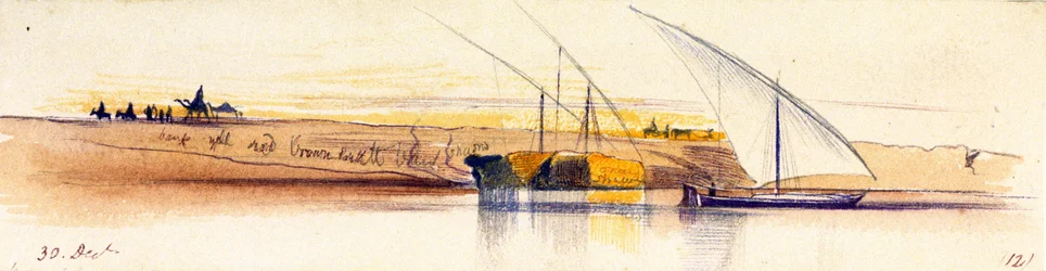Les rives du Nil (Égypte), avec trois gyassis, dont deux lourdement chargés de paille, en arrière-plan, personnages et animaux sont représentés au coucher du soleil