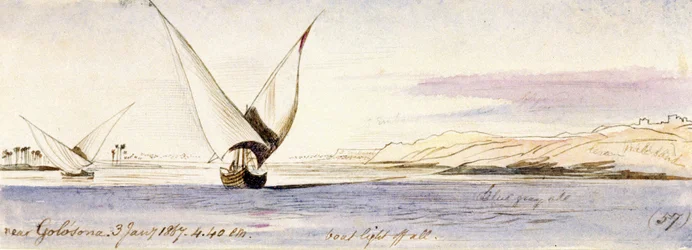 Vue du Nil près de Golosona, avec un bateau égyptien traditionnel naviguant