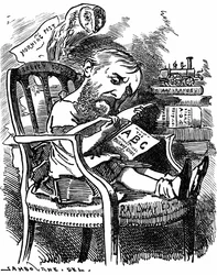 Evelyn Ashley (1836-1907) auteur anglais et homme politique libéral : fils du 7e comte de Shaftesbury. Caricature par Edward Linley Sambourne dans la série Fancy Portraits de Punch Londres avril 1881 lorsque Ashley était sous-secrétaire au Board of Trade.