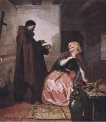 Juliette et frère Laurent (Roméo et Juliette) Prends le flacon, étant alors au lit, et bois ce liquide distillé, de The Complete Works of William Shakespeare publié par J Coker & Co Ltd