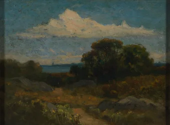 Paysage (arbres et rochers au bord du lac)