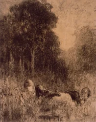 Paysage avec vaches au premier plan