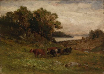 Sans titre (cinq vaches broutant avec des arbres et une rivière en arrière-plan)