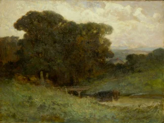 Sans titre (scène de forêt avec pont, vaches dans un ruisseau au premier plan)
