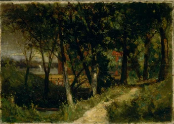 Sans titre (paysage, scène de forêt avec une clôture rouge et un bâtiment)