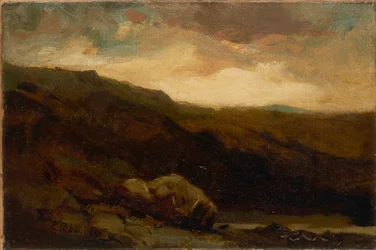 Sans titre (paysage montagneux avec rocher et ruisseau au premier plan)