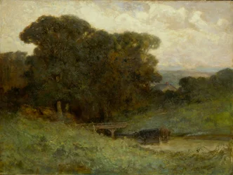 Scène de forêt sans titre avec pont, vaches dans le ruisseau au premier plan, 1897