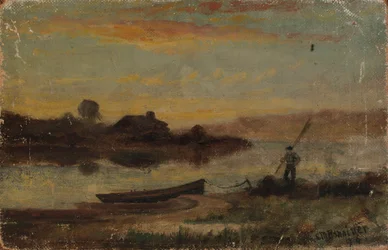 Paysage sans titre, bateau amarré près de la rive avec un homme marchant