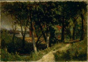 Paysage sans titre, scène de forêt avec clôture rouge et bâtiment