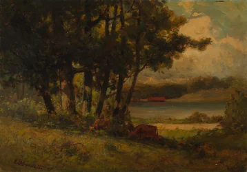 Paysage sans titre avec vaches broutant près de la rivière, 1891