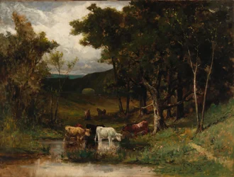 Paysage sans titre avec vaches dans un ruisseau près des arbres, 1882