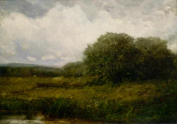 Paysage sans titre avec des bœufs et une charrette de foin traversant un pont, n.d.