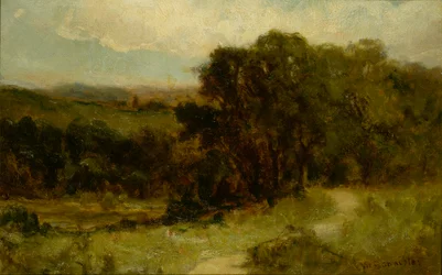 Paysage sans titre avec route près du ruisseau et arbres