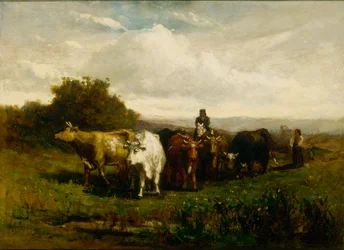 Sans titre homme à cheval, femme à pied conduisant du bétail, 1880