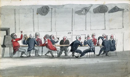 Le Mess des Officiers, une caricature montrant des officiers de la Marine réunis en train de boire du vin