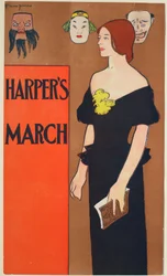 Jeune fille debout avec un livre, 3 masques au mur, Harper
