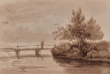 Scène de rivière avec pont en bois et personnage