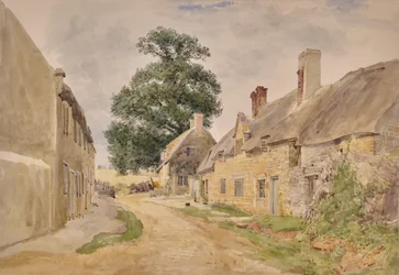 Scène de village, rue à travers des bâtiments en chaume